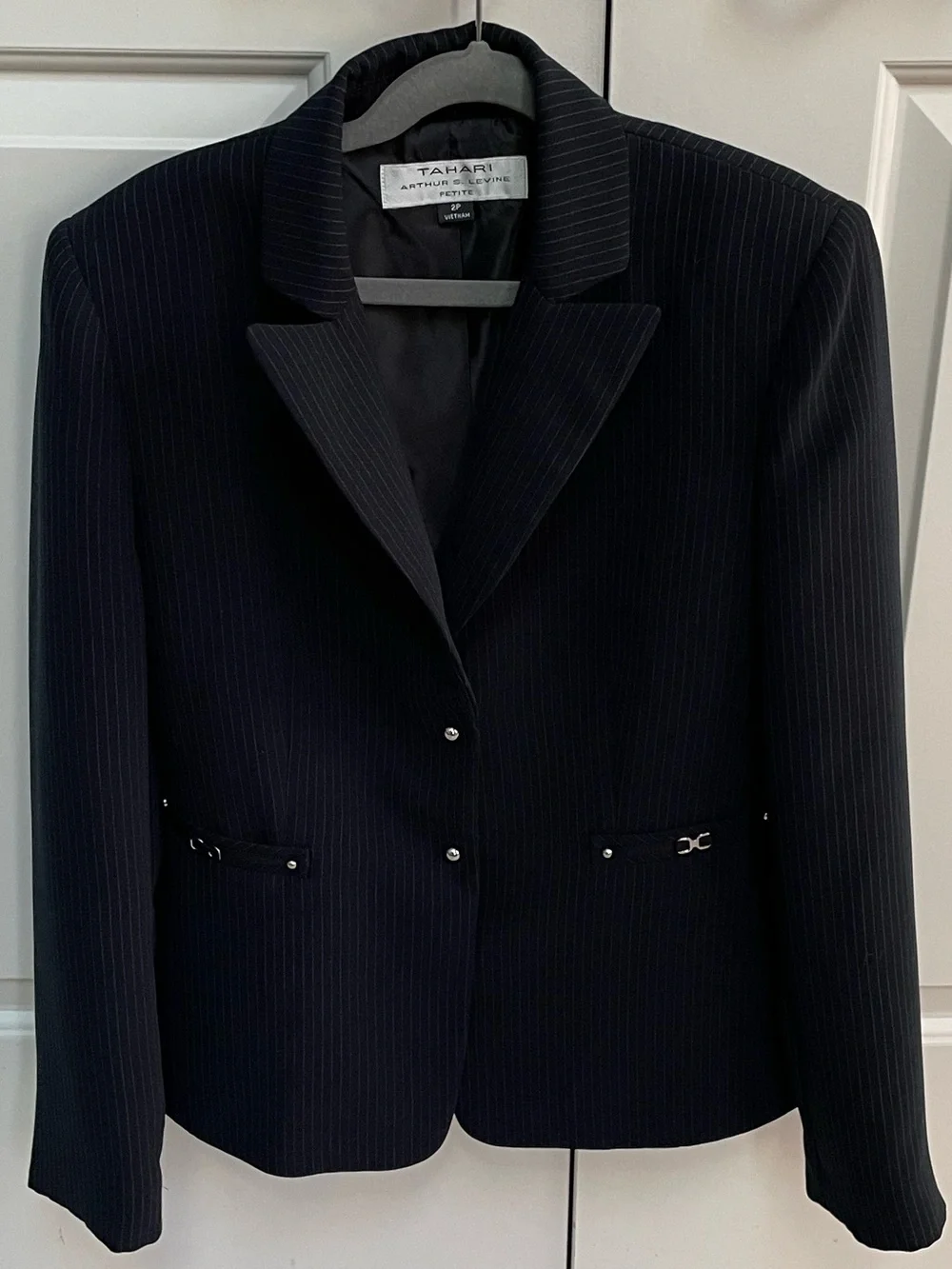 Tahari Black Pinstriped Snap Front Silver Tone Hardware Lined Jacket Blazer